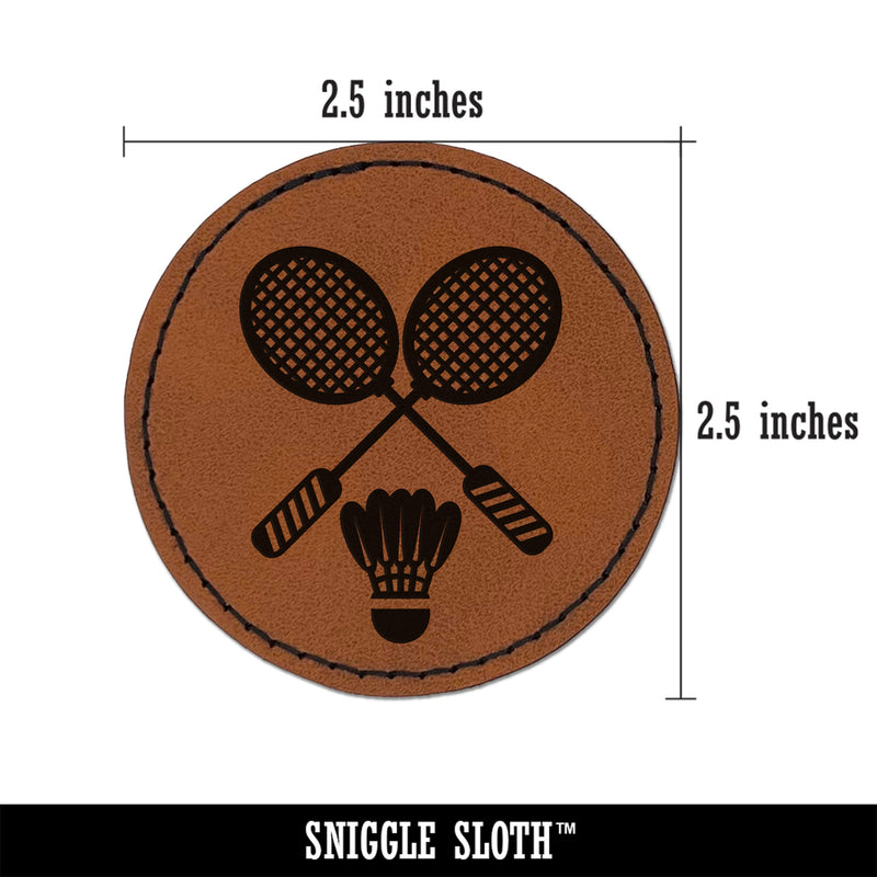 Badminton Rackets and Shuttlecock Birdy Round Iron-On Engraved Faux Leather Patch Applique - 2.5"