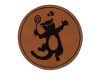 Cat Playing Badminton Round Iron-On Engraved Faux Leather Patch Applique - 2.5"
