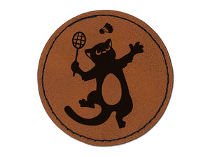 Cat Playing Badminton Round Iron-On Engraved Faux Leather Patch Applique - 2.5"