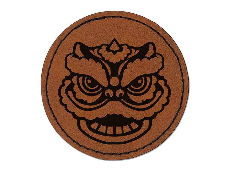 Chinese New Year Lion Dancer Head Round Iron-On Engraved Faux Leather Patch Applique - 2.5"
