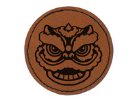 Chinese New Year Lion Dancer Head Round Iron-On Engraved Faux Leather Patch Applique - 2.5"