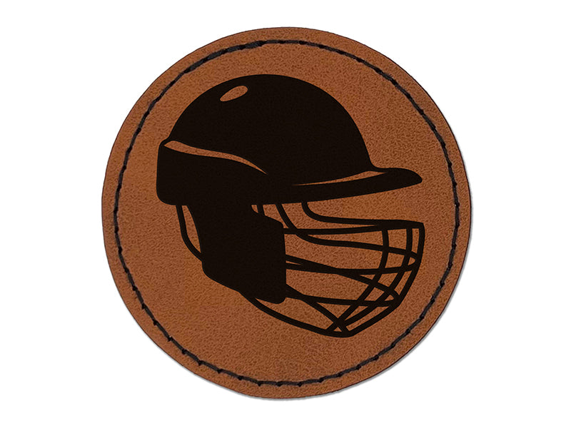 Cricket Sport Helmet Round Iron-On Engraved Faux Leather Patch Applique - 2.5"