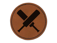 Crossed Cricket Bats Round Iron-On Engraved Faux Leather Patch Applique - 2.5"