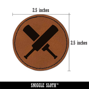 Crossed Cricket Bats Round Iron-On Engraved Faux Leather Patch Applique - 2.5"