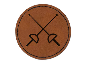 Crossed Fencing Swords Foil Round Iron-On Engraved Faux Leather Patch Applique - 2.5"