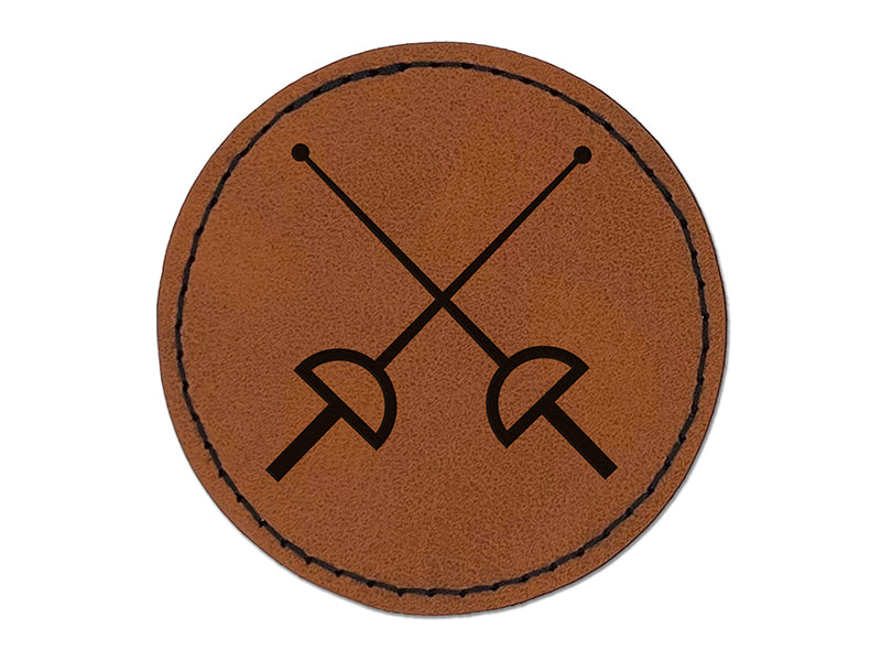 Crossed Fencing Swords Foil Round Iron-On Engraved Faux Leather Patch Applique - 2.5"