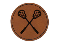 Crossed Lacrosse Sticks Round Iron-On Engraved Faux Leather Patch Applique - 2.5"