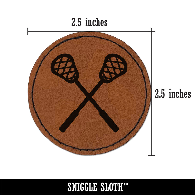 Crossed Lacrosse Sticks Round Iron-On Engraved Faux Leather Patch Applique - 2.5"