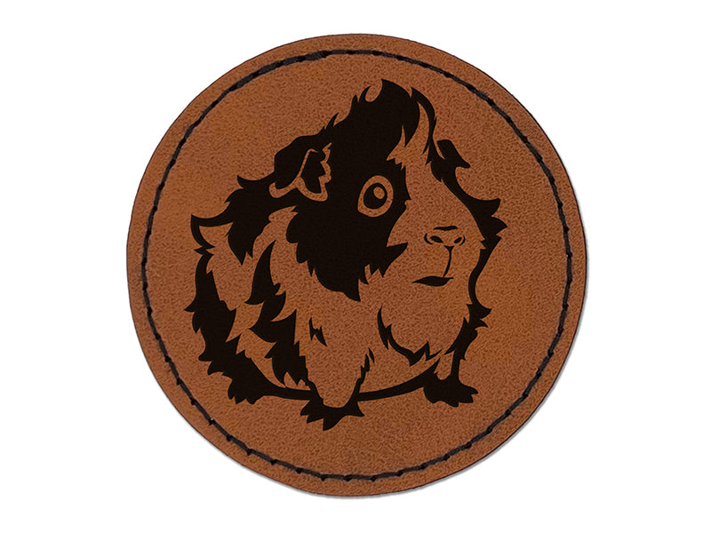 Cute and Hairy Abyssinian Guinea Pig Round Iron-On Engraved Faux Leather Patch Applique - 2.5"