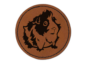 Cute and Hairy Abyssinian Guinea Pig Round Iron-On Engraved Faux Leather Patch Applique - 2.5"