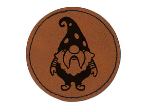 Cute Bearded Garden Gnome Round Iron-On Engraved Faux Leather Patch Applique - 2.5"