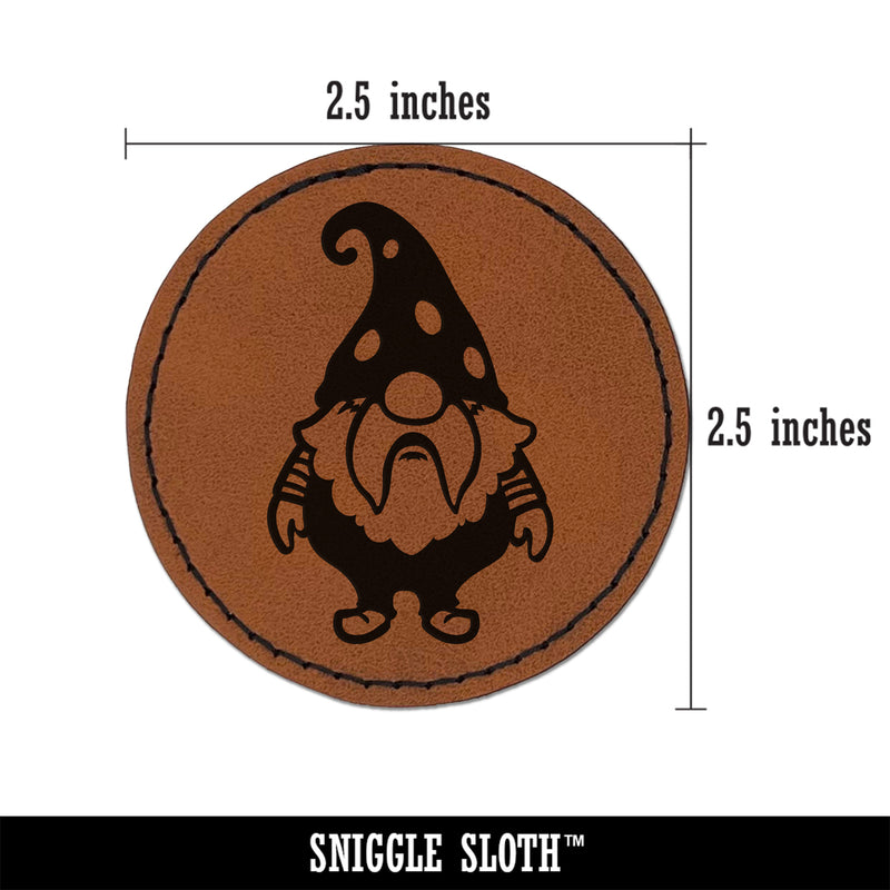 Cute Bearded Garden Gnome Round Iron-On Engraved Faux Leather Patch Applique - 2.5"