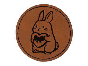 Cute Bunny Rabbit with Valentine's Day Heart Round Iron-On Engraved Faux Leather Patch Applique - 2.5"