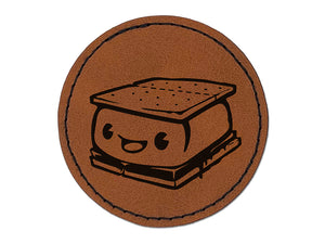 Cute Kawaii S'mores Marshmallow Round Iron-On Engraved Faux Leather Patch Applique - 2.5"