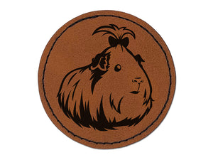 Cute Silkie Guinea Pig with Bow Round Iron-On Engraved Faux Leather Patch Applique - 2.5"