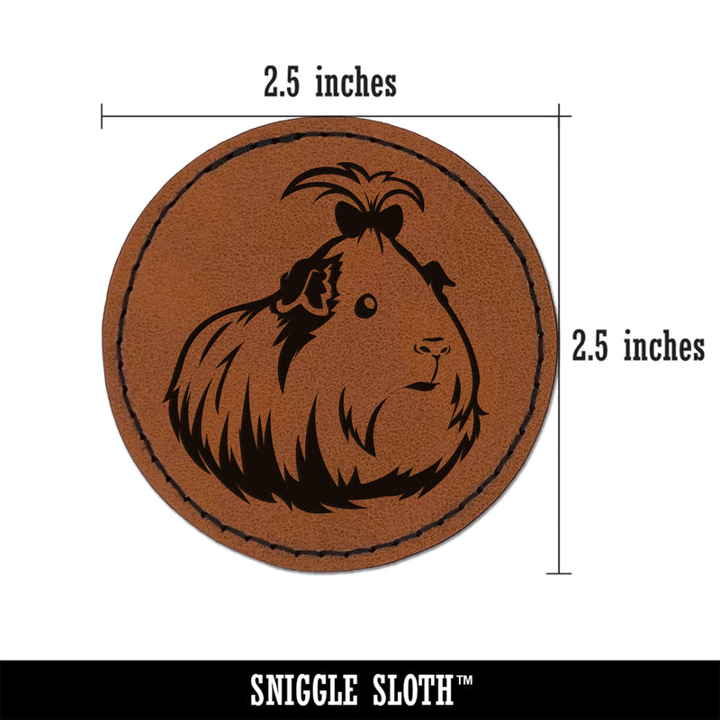 Cute Silkie Guinea Pig with Bow Round Iron-On Engraved Faux Leather Patch Applique - 2.5"
