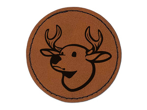 Deer Buck Head Round Iron-On Engraved Faux Leather Patch Applique - 2.5"