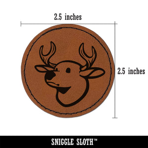 Deer Buck Head Round Iron-On Engraved Faux Leather Patch Applique - 2.5"