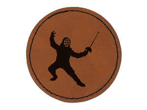 Fencer Holding Fencing Swords Round Iron-On Engraved Faux Leather Patch Applique - 2.5"