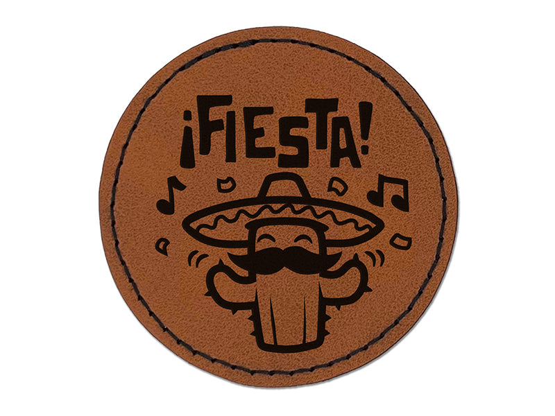 Fiesta Party Cactus with Sombrero Round Iron-On Engraved Faux Leather Patch Applique - 2.5"