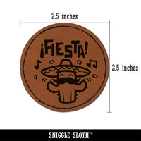 Fiesta Party Cactus with Sombrero Round Iron-On Engraved Faux Leather Patch Applique - 2.5"