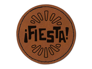 Fiesta Party Text Round Iron-On Engraved Faux Leather Patch Applique - 2.5"