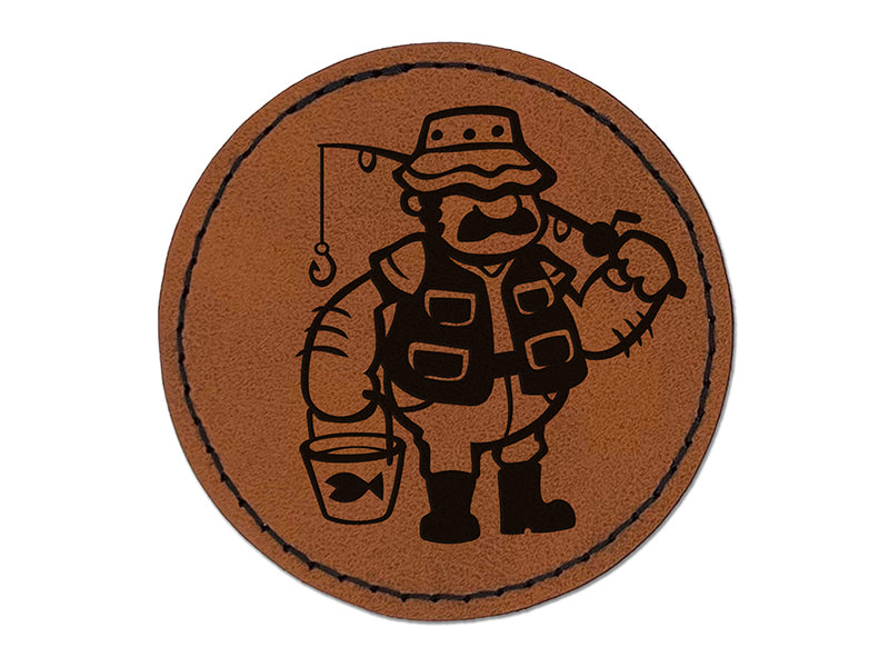 Fisherman Dad with Fishing Rod Round Iron-On Engraved Faux Leather Patch Applique - 2.5"