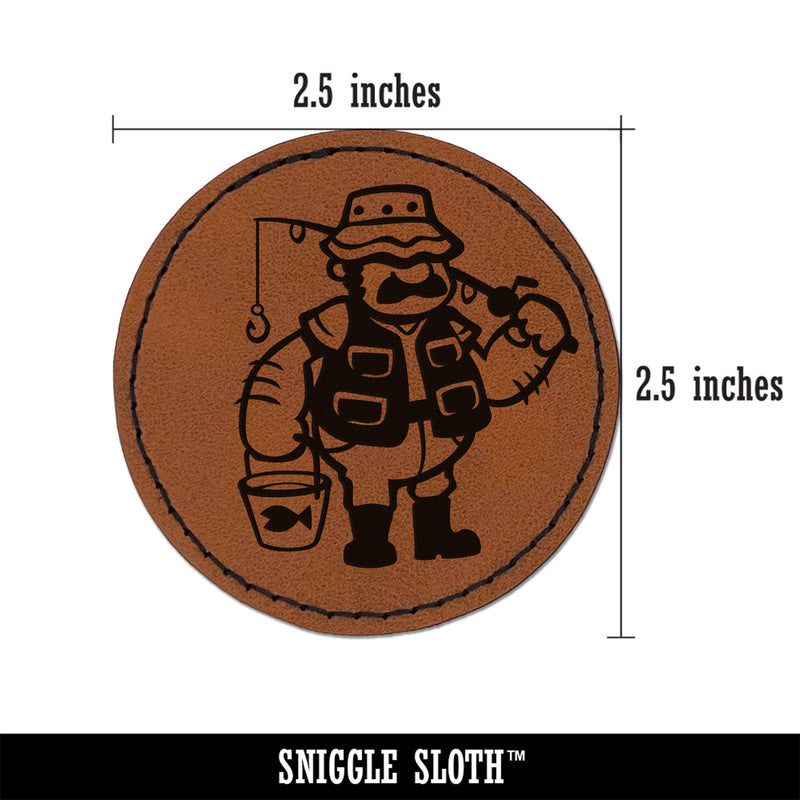 Fisherman Dad with Fishing Rod Round Iron-On Engraved Faux Leather Patch Applique - 2.5"