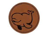 Jolly Beluga Whale Round Iron-On Engraved Faux Leather Patch Applique - 2.5"