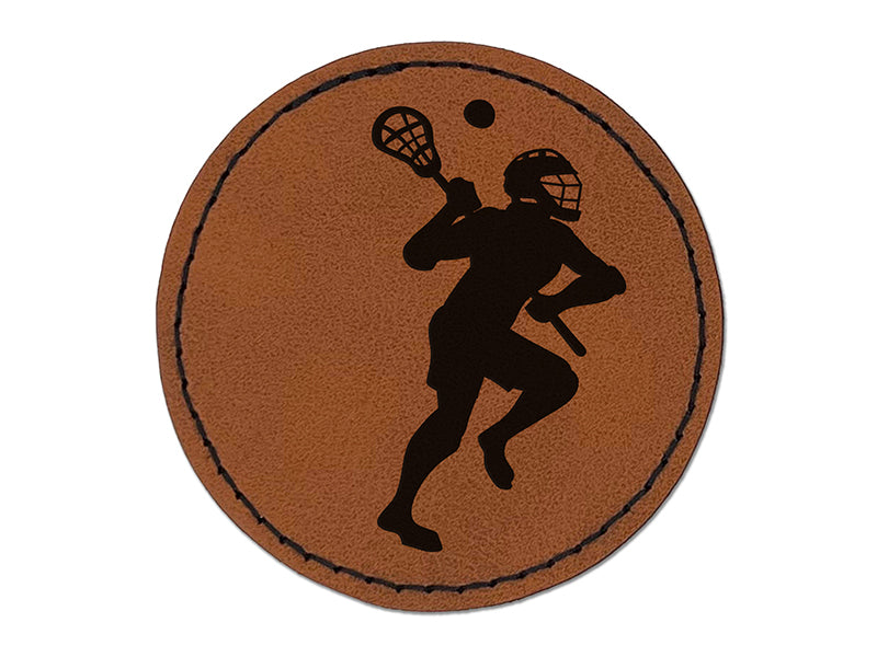 Lacrosse Player with Stick and Ball Round Iron-On Engraved Faux Leather Patch Applique - 2.5"