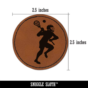 Lacrosse Player with Stick and Ball Round Iron-On Engraved Faux Leather Patch Applique - 2.5"