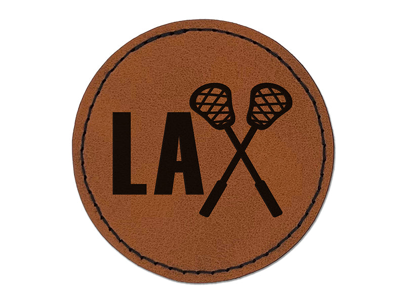 LAX Lacrosse Crossed Sticks Round Iron-On Engraved Faux Leather Patch Applique - 2.5"