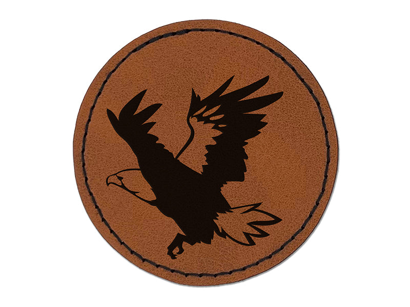 Patriotic American Bald Eagle Flying Round Iron-On Engraved Faux Leather Patch Applique - 2.5"