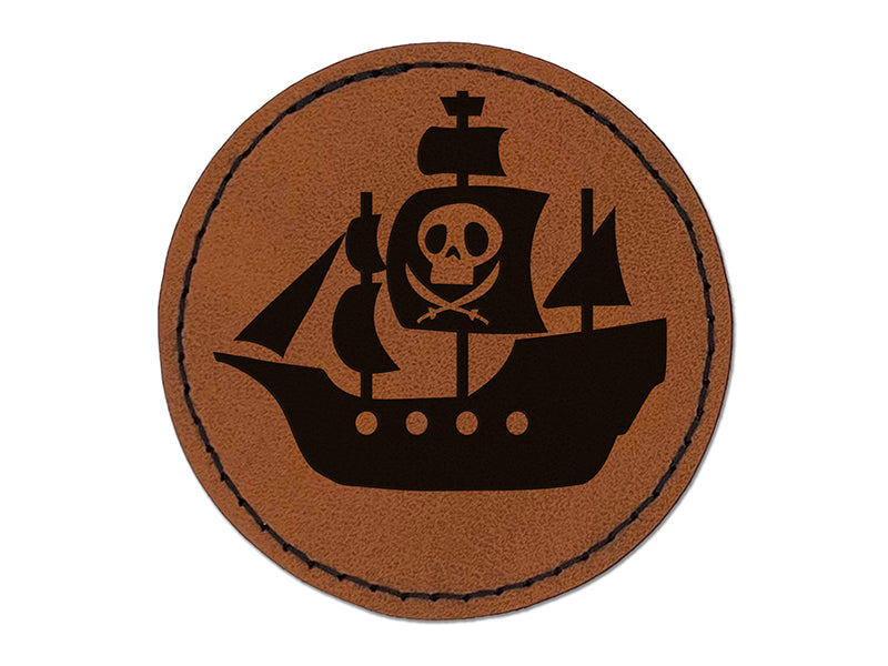 Pirate Ship with Jolly Roger Skull Round Iron-On Engraved Faux Leather Patch Applique - 2.5"