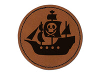 Pirate Ship with Jolly Roger Skull Round Iron-On Engraved Faux Leather Patch Applique - 2.5"