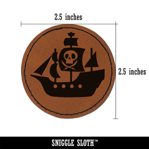 Pirate Ship with Jolly Roger Skull Round Iron-On Engraved Faux Leather Patch Applique - 2.5"