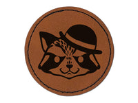 Raccoon with English Derby Bowler Hat Round Iron-On Engraved Faux Leather Patch Applique - 2.5"