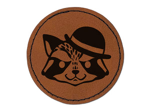 Raccoon with English Derby Bowler Hat Round Iron-On Engraved Faux Leather Patch Applique - 2.5"