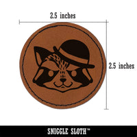 Raccoon with English Derby Bowler Hat Round Iron-On Engraved Faux Leather Patch Applique - 2.5"