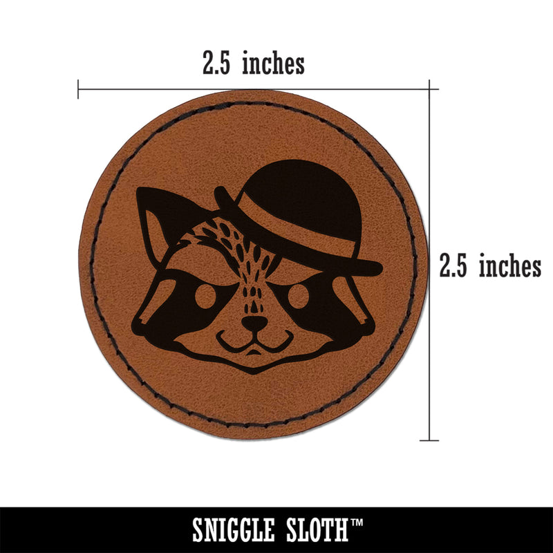 Raccoon with English Derby Bowler Hat Round Iron-On Engraved Faux Leather Patch Applique - 2.5"