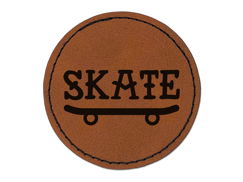 Skate Text on Skateboard Round Iron-On Engraved Faux Leather Patch Applique - 2.5"