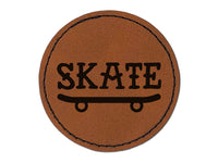 Skate Text on Skateboard Round Iron-On Engraved Faux Leather Patch Applique - 2.5"