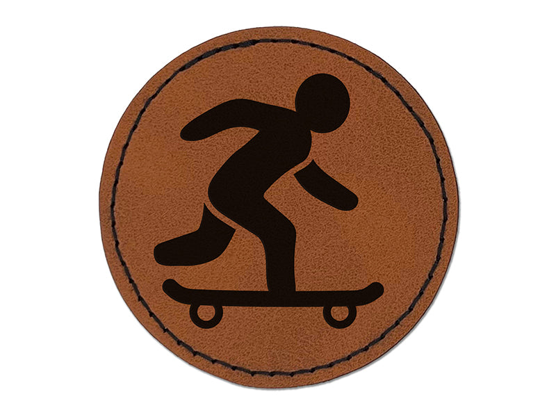 Skateboarding Man on Skateboard Round Iron-On Engraved Faux Leather Patch Applique - 2.5"