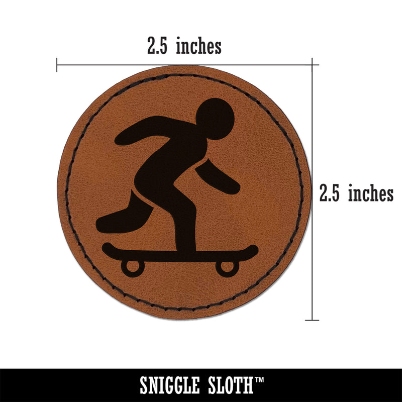 Skateboarding Man on Skateboard Round Iron-On Engraved Faux Leather Patch Applique - 2.5"