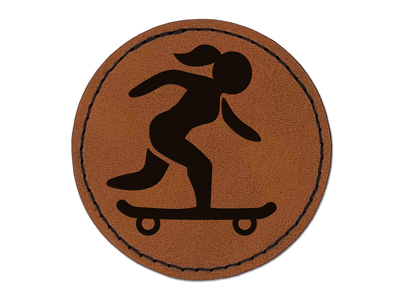 Skateboarding Woman on Skateboard Round Iron-On Engraved Faux Leather Patch Applique - 2.5"