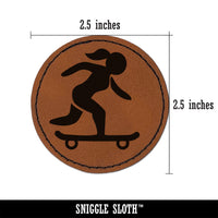 Skateboarding Woman on Skateboard Round Iron-On Engraved Faux Leather Patch Applique - 2.5"