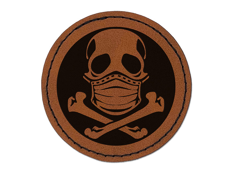 Skull Wearing Mask Round Iron-On Engraved Faux Leather Patch Applique - 2.5"