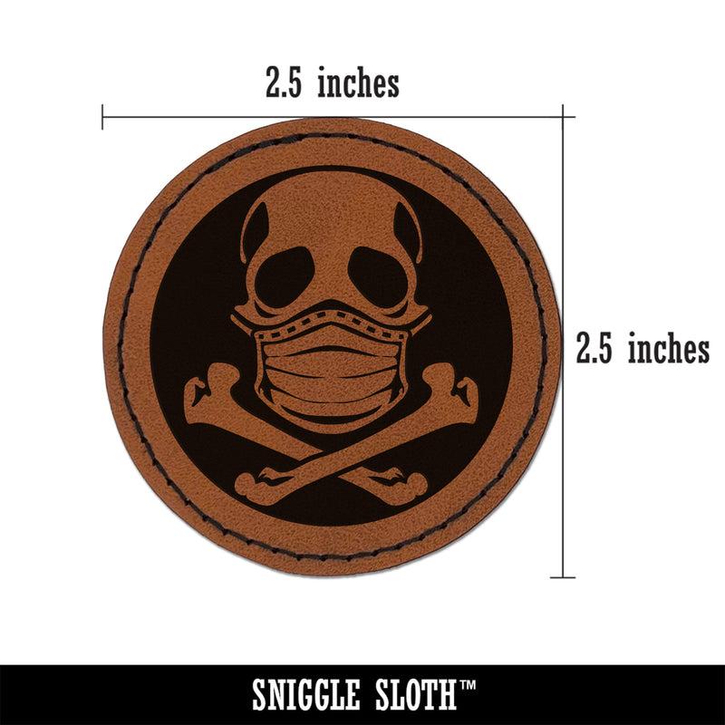 Skull Wearing Mask Round Iron-On Engraved Faux Leather Patch Applique - 2.5"