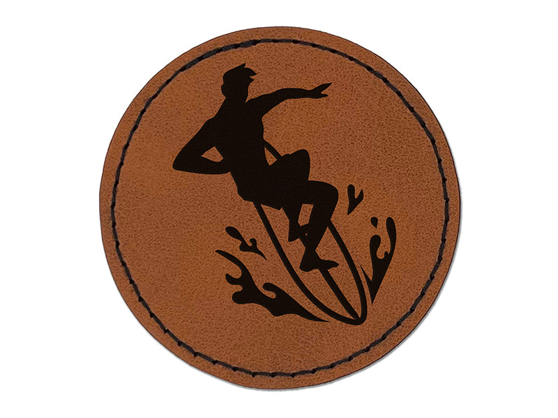 Surfer Surfing Man Silhouette Round Iron-On Engraved Faux Leather Patch Applique - 2.5"