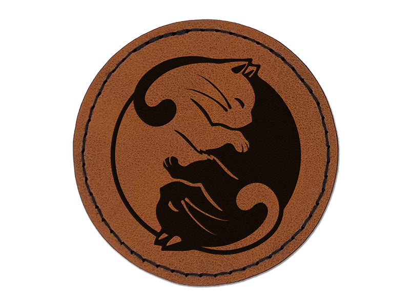 Yin and Yang Cats Curled Up Together Round Iron-On Engraved Faux Leather Patch Applique - 2.5"